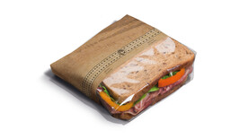 Snacktasche für Sandwiches &amp;amp; Co, Kraftpapier braun/Sichtfenster Zellulose, Motiv: &amp;quot;Holzoptik&amp;quot;, B 280 mm x L 303 mm, braun, fettdicht: Ja, A-Nr.: 96500 - 01