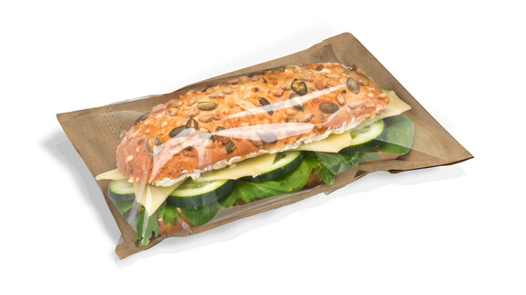 Snacktasche FAIRPAC XL für Sandwiches &amp; Co, Kraftpapier braun/Sichtfenster Zellulose, Motiv: &quot;Holzoptik&quot;, B 140 mm x L 280 mm, braun, fettdicht: Ja, A-Nr.: 96505 - 01