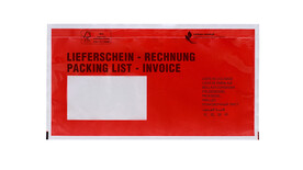 Dokumentenschutztasche DIN Lang, CPP, Motiv: &amp;quot;Lieferschein, Rechnungen, Packing List, Invoice&amp;quot;, B 240 mm x L 131 mm, Innenmaß: B 230 mm x L 121 mm, transparent, Querformat; mit Adhäsionsverschluss, Lasche separat, A-Nr.: 88048 - 01