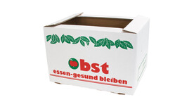 Kartonsteige zum Stecken für 10 kg, Motiv: &amp;quot;Obst essen - gesund bleiben (neutral)&amp;quot;, IM: L 376 mm x B 281 mm x H 232 mm, Qualität: 335 EB, weiß/braun, A-Nr.: 01405 - 01